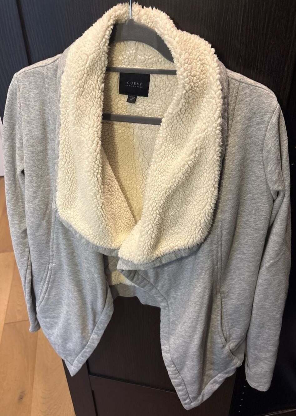 GUESS Grey Sherpa Lined Drape Front Fleece Cardigan Jacket XS